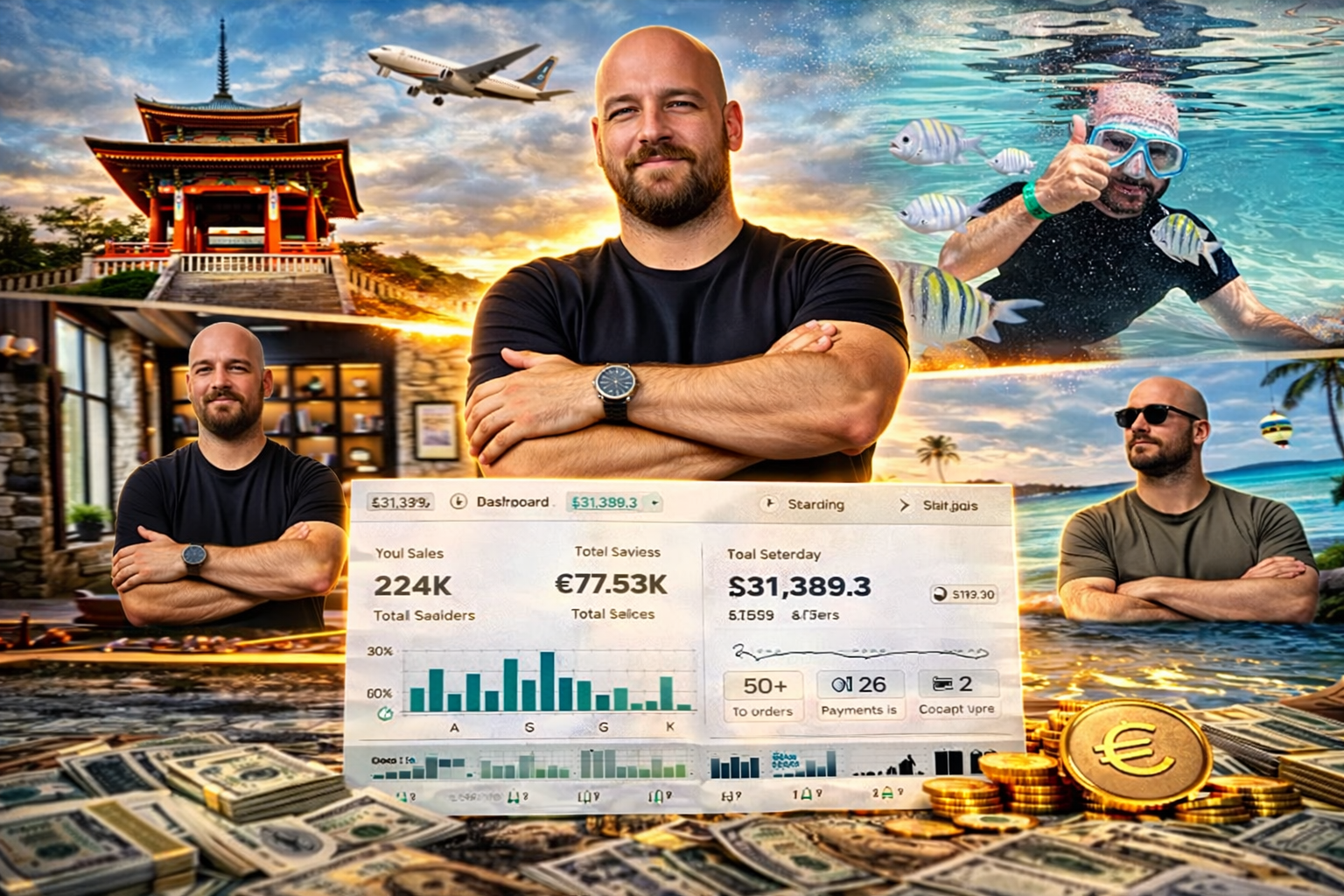 Resultados em euros no painel de vendas e estilo de vida de viagens